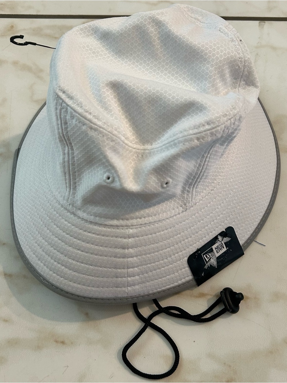 New Era White Bucket Hat with Gray Trim and Chin Cord